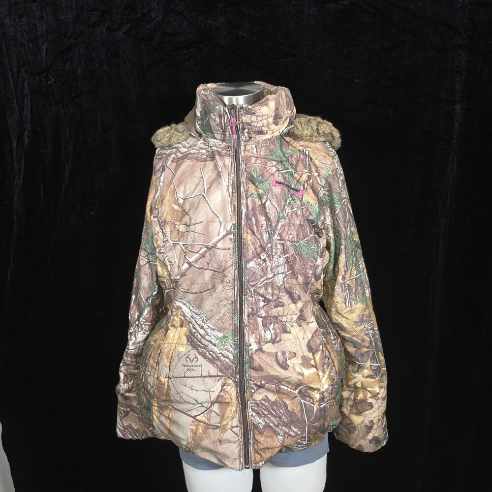 Woman's Realtree Camo Full Zip Puffer Jackets Detachable Hood Faux Fur Sz L